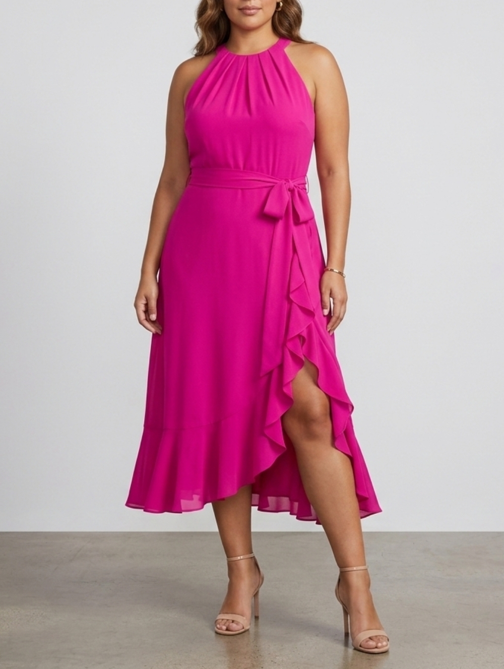 Jessica Howard Dress Womens 14 Hot Pink Sleeveless Lined Midi Ruffle Asymmetric